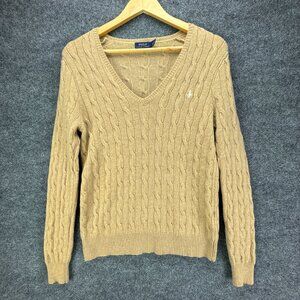 Polo Ralph Lauren Sweater Womens Large Tan Cable Knit V Neck Wool Cashmere